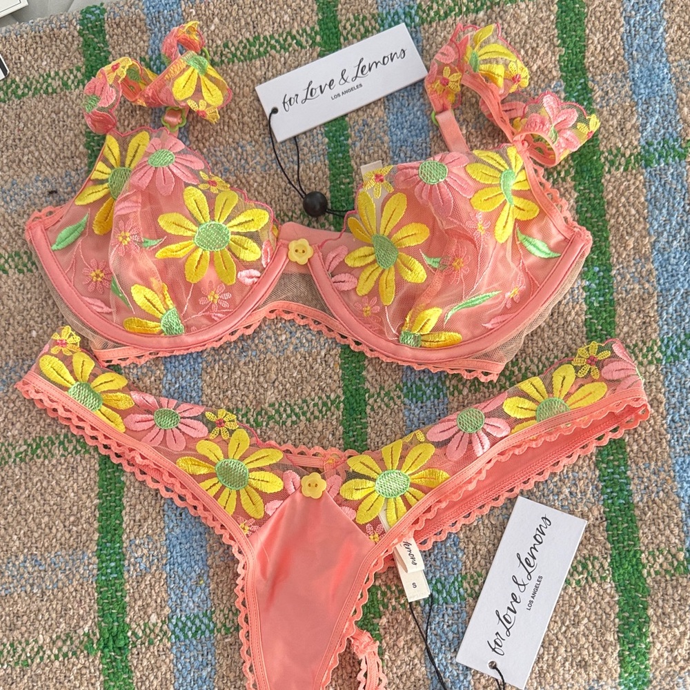 For Love And Lemons Sunflower Embroidered Bra Set - Pink and Yellow